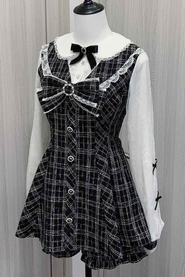 White Black Lace Sweet Sleeve Check Tweed Fragrance Suit