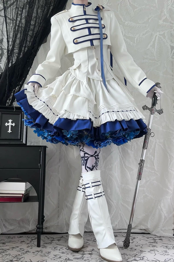 【9月13日予約締切】Blue White Military Ruffle Lolita Jacket (with epaulet bow) + Shirt + Short Skirt Set / Shorts Set + Complete set 1/2 (Officer cap + Leg covers + Sash)