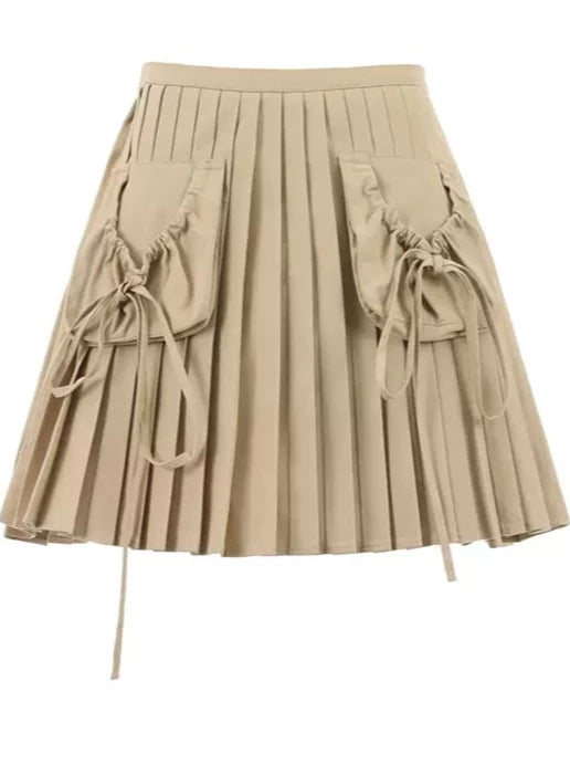 Pocket ribbon volume pleated skirt