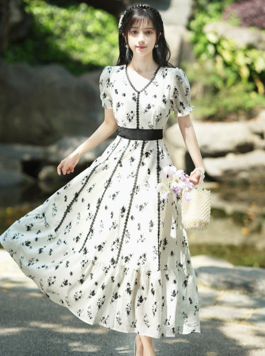 Retro Flower French Style Design Sense Long Dress