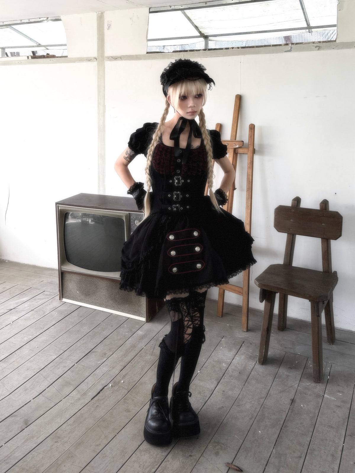 Original from Jiuyu Market: Black and Red Plaid Puff-Sleeve Knit Top with Military-Style Mesh Cake Skirt Set