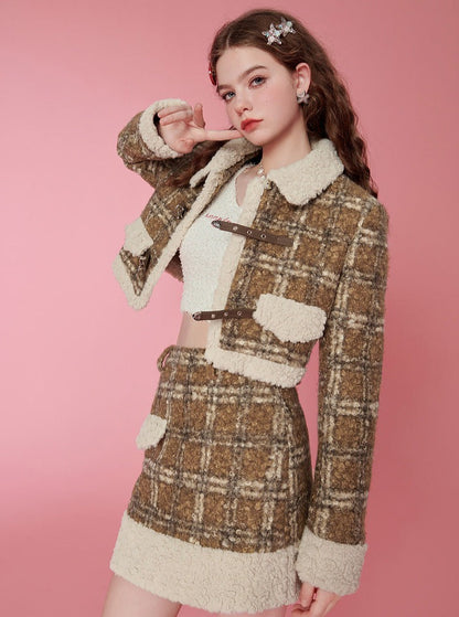 Retro Girl Check Boa Coat + Check Boa Skirt