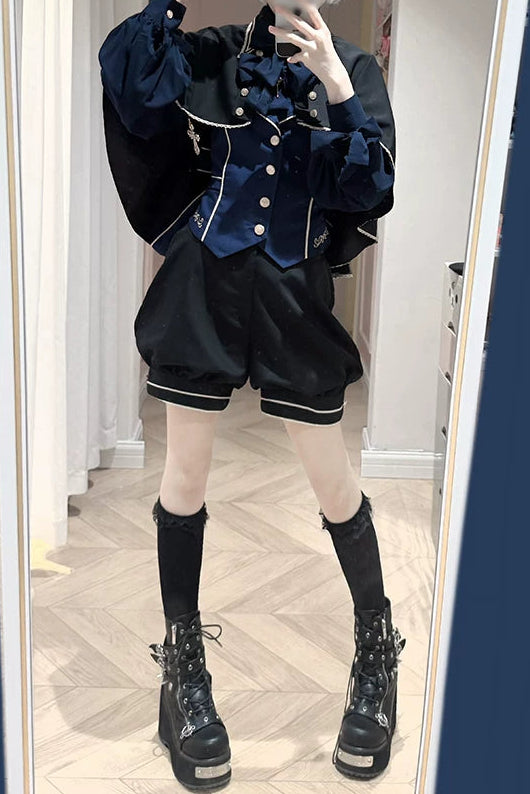 [Reservierungsschluss am 913] Schwarz/Weiß Prinz Gothic-Kreuzanhänger Cape mit Spitzenbesatz