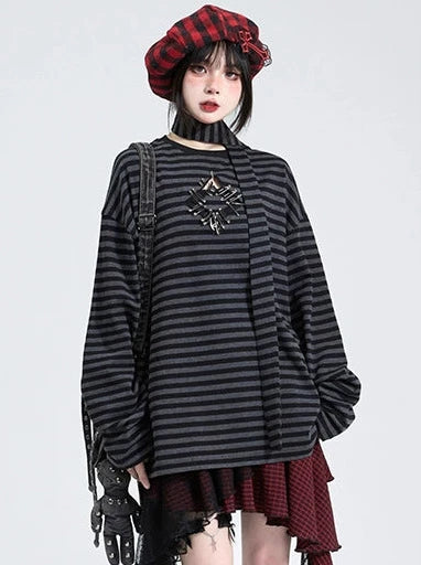 Long T with Hollow Out Pin Decoration Loose Stripe Scarf