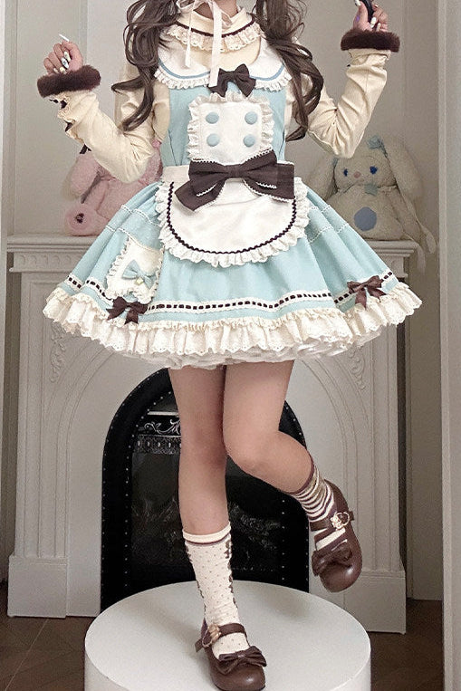 【Pre-order item】Chocolate Mint Sailor Collar Girly Maid Dress + Cake Hat