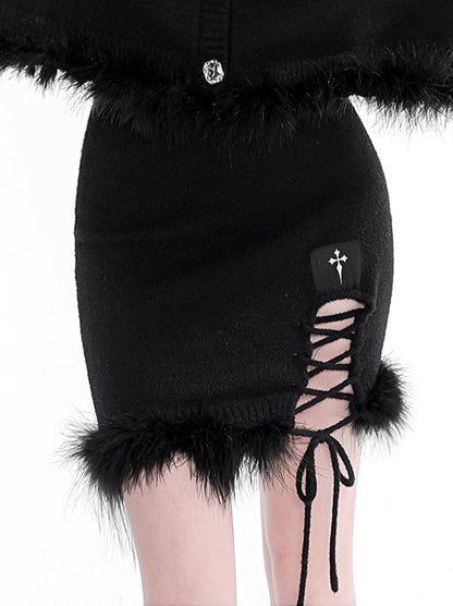 Real Feather Slit Strap Short Skirt