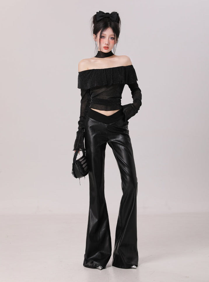 Leather design long flare pants