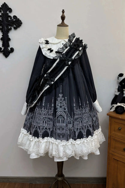 【10月13日予約締切】Gothic Lolita Black White Cathedral Series Accessories(Flat Hat, Crown Mini Hat, Sash, Back Ribbon Train, Waist Apron, Castle Flower Brooch, Brooch, Jabot)