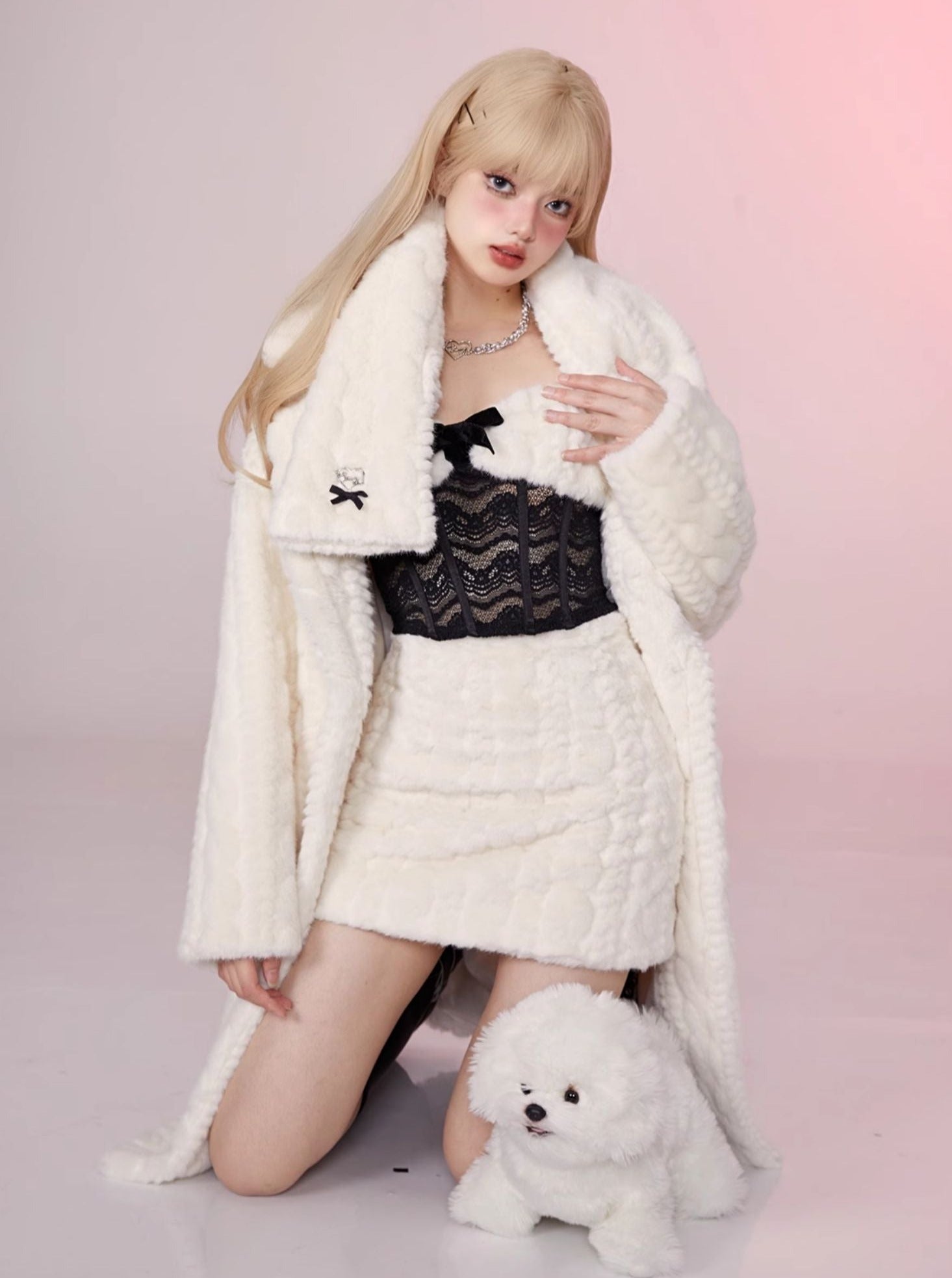 フレンチレースサスペンダー＋ファースカート＋ファーコート＋ファー