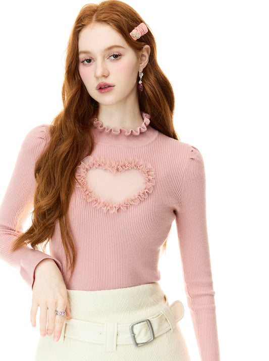 Open Heart Mesh Slim Sweater Top