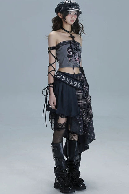 Y2Kパッチワークプリンテッドチューブトップ