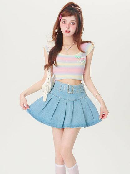 Denim pleated short skirt