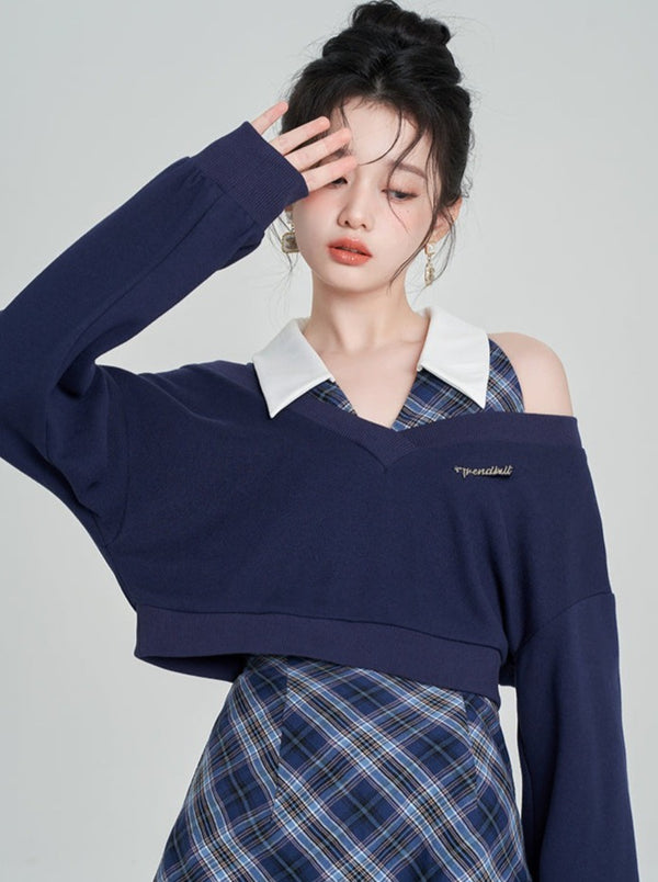 Navy Blue College Style Two Piece Dress