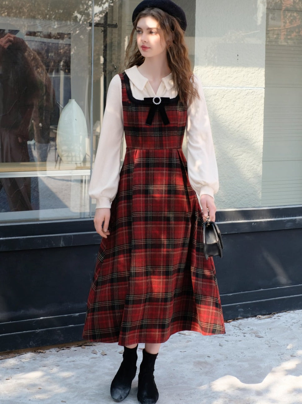 French Check Suspender Skirt + Pure White Blouse