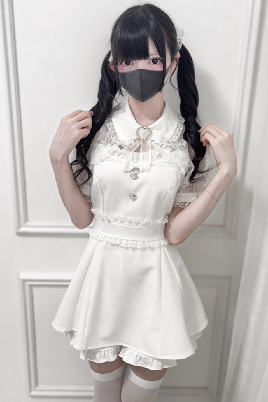 レースショールリボンシャツカラートップス＋ショートパンツ