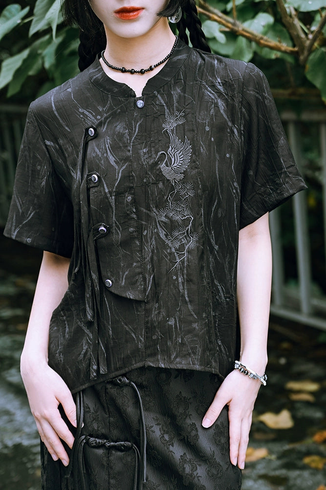 Retro China Tassel Stand Collar Shirt