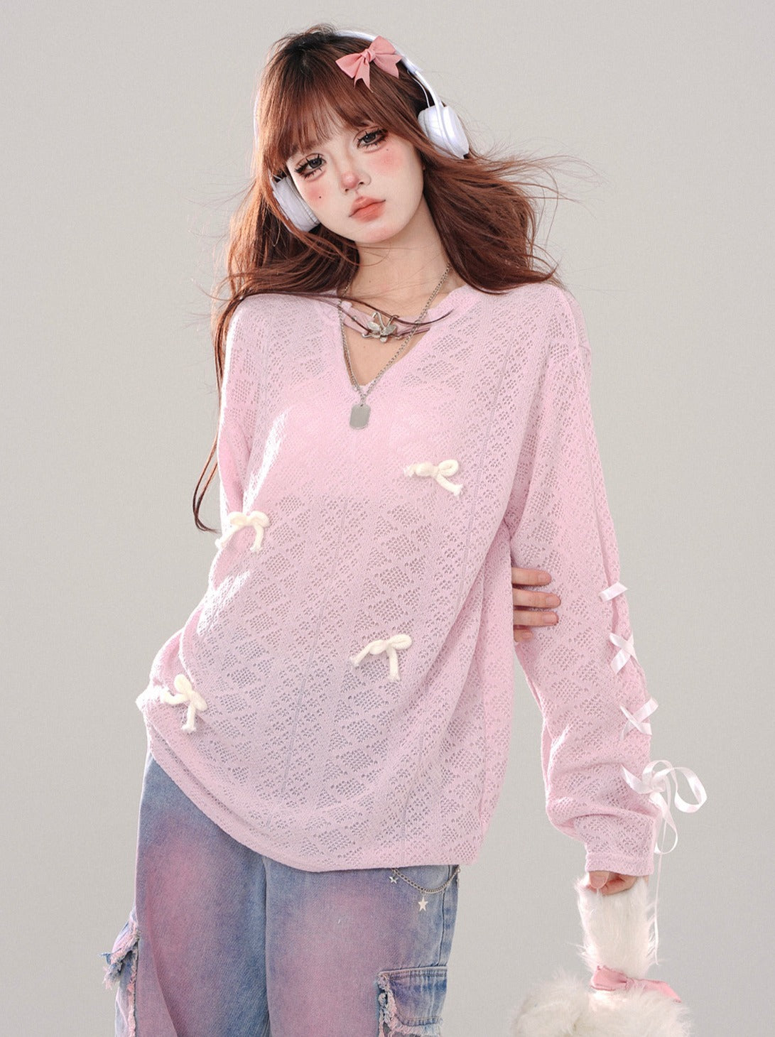 Mesh Loose Sweet Ribbon Top