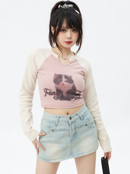 Bicolor cat design short slim top