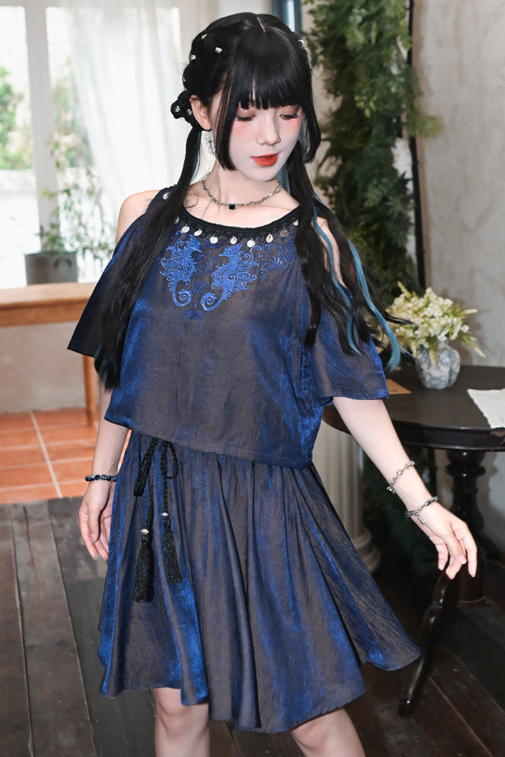 チャイナデザインオフショルダートップス+タッセルスカート