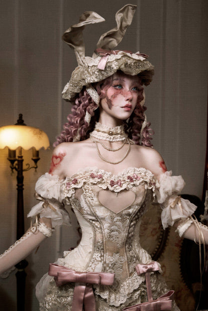 French Rococo Elegant Rabbit Ear Cap + Mesh Flat Cap + Mesh Bow Cap