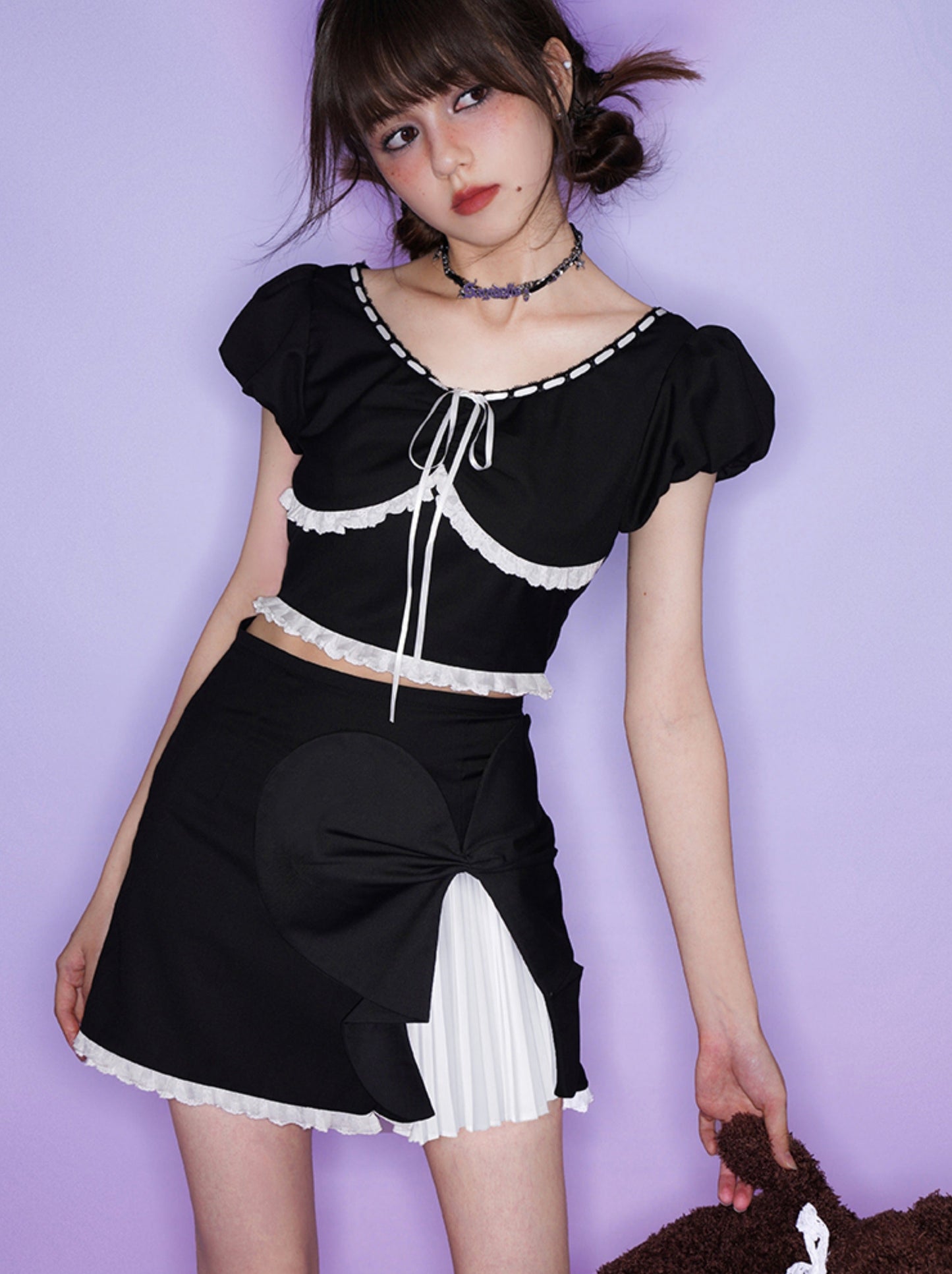 SagiDolls Girl's Fighting Spirit Black and White Lolita Design Sense Top Skirt Set Sweet and Cute Versatile Summer