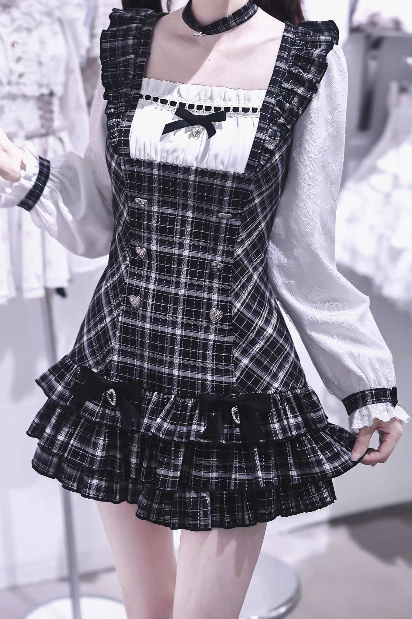 [Pre-order Deadline: September 15] Black Check Frill Ribbon Long-Sleeve Mini Dress Set-Up + Choker