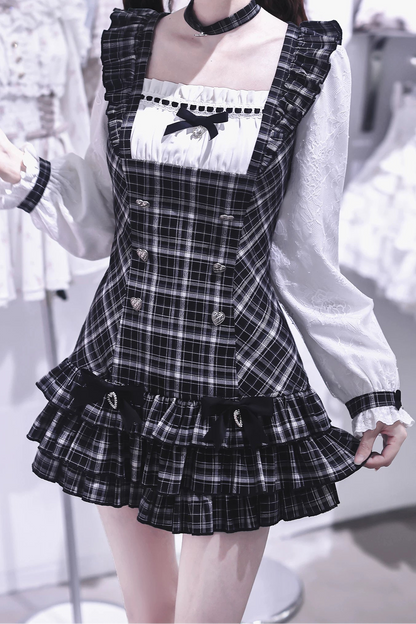 [Pre-order Deadline: September 15] Black Check Frill Ribbon Long-Sleeve Mini Dress Set-Up + Choker