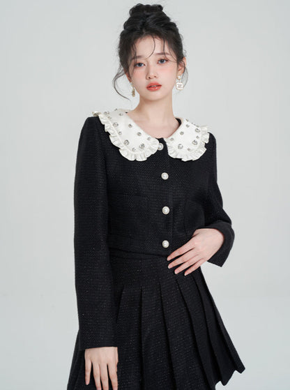 Diamond Fragrance Style Black Short Jacket + Pleated Skirt