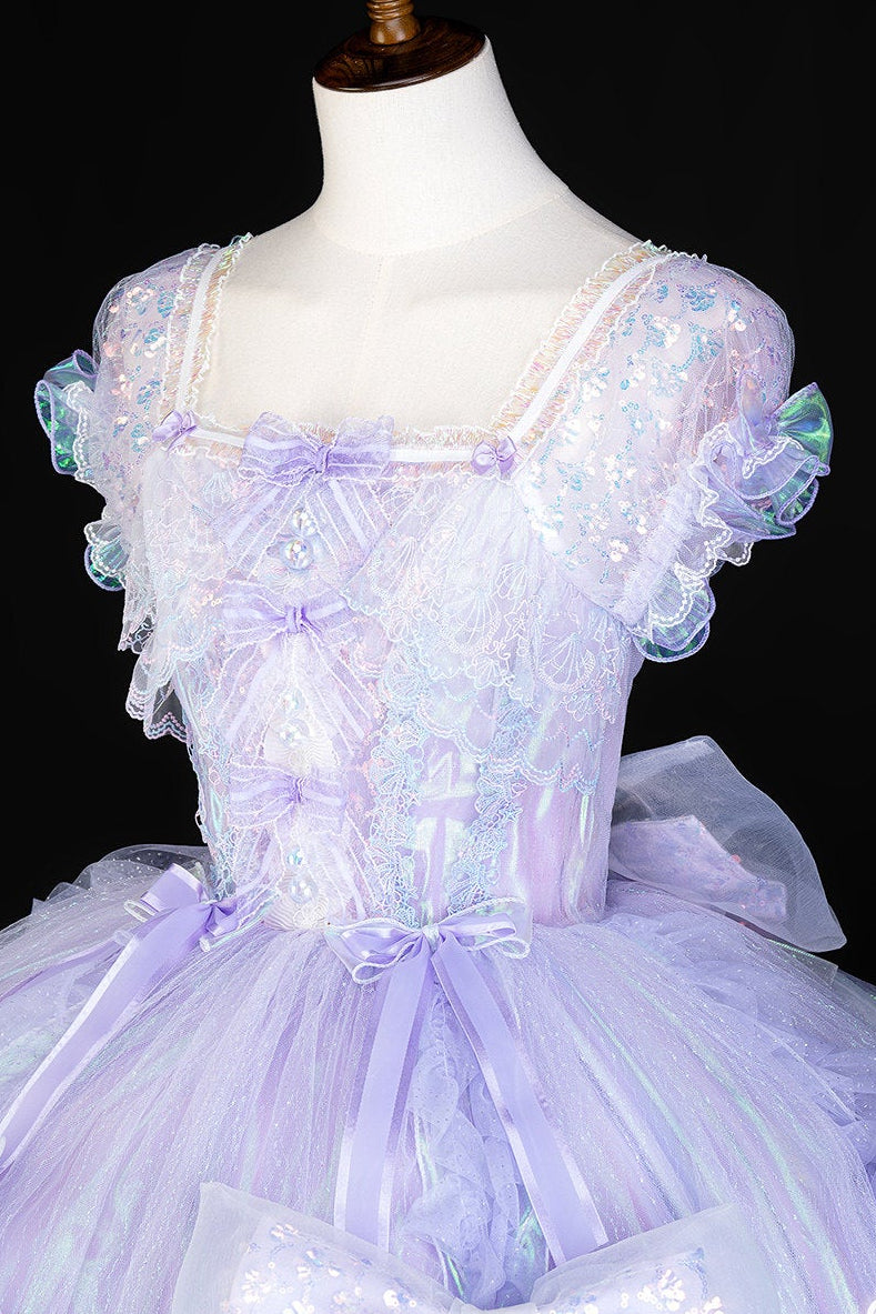 [Reservierungsschluss 1. August] Blau/Weiß/Lila Quallen-Feen-Lolita-Kleid mit Schleifen und Aurora-Schleppe