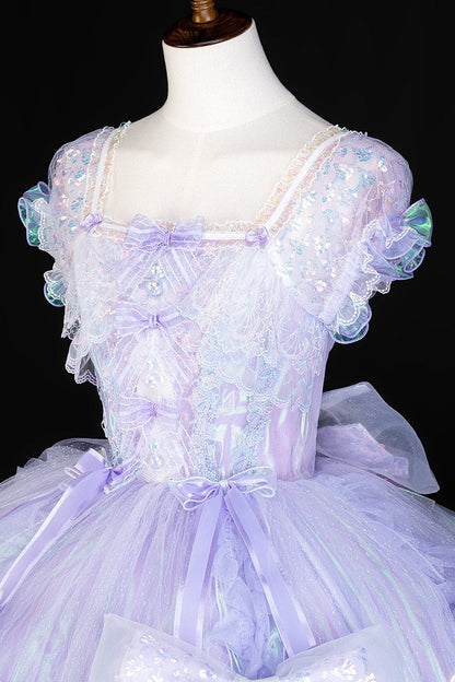[Reservierungsschluss 1. August] Blau/Weiß/Lila Quallen-Feen-Lolita-Kleid mit Schleifen und Aurora-Schleppe