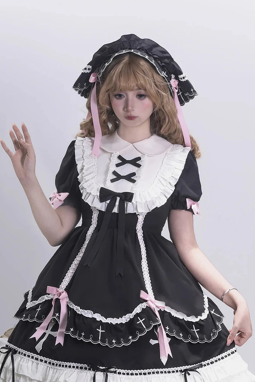 【10月4日予約締切】Four-color Gothic-style Sweet Lolita Cross Embroidery Ribbon Bonnet + Ruffle Scarf Headband