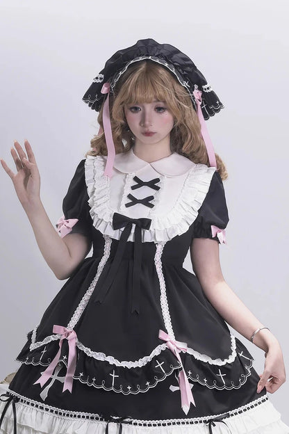 【10月4日予約締切】Four-color Gothic-style Sweet Lolita Cross Embroidery Ribbon Bonnet + Ruffle Scarf Headband