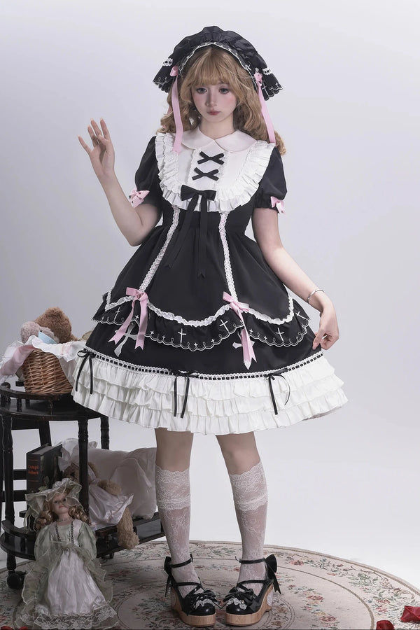 【10月4日予約締切】Black Pink Gothic-Inspired Sweet Lolita Ribbon Ruffle Dress＋Cross Embroidery Ribbon Cape