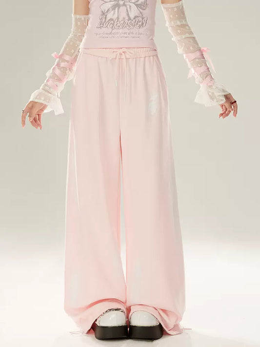 11SH97 Pink Casual Pants Women's Spring/Summer New Original Design White Hand-Painted Painted Drawstring Wide-leg Pants