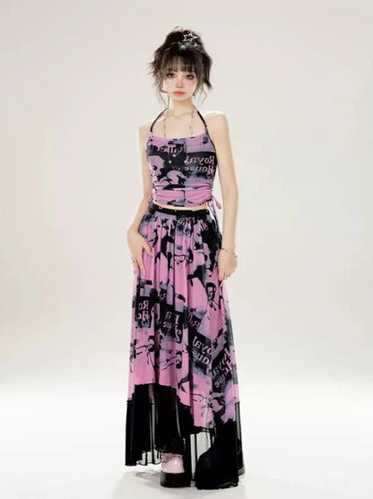 Pictorial Sweet Halter Neck Camisole + Tulle Long Skirt