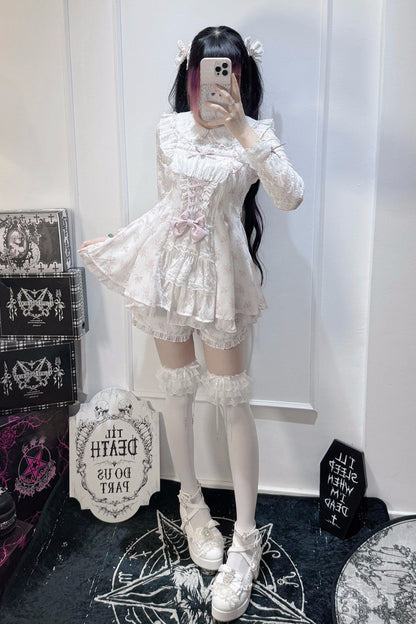 【10月28日予約締切】Pink/White/Black/White 4-Piece Set: Floral Tiered Lace Long-Sleeve Dress + Shorts + Pair of Ribbon Hair Clips + Bow Tie