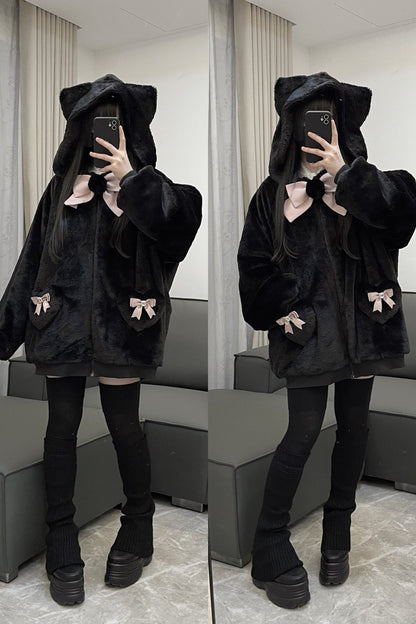 [Reserved product] Cat ear hoody suite ribon plash coat