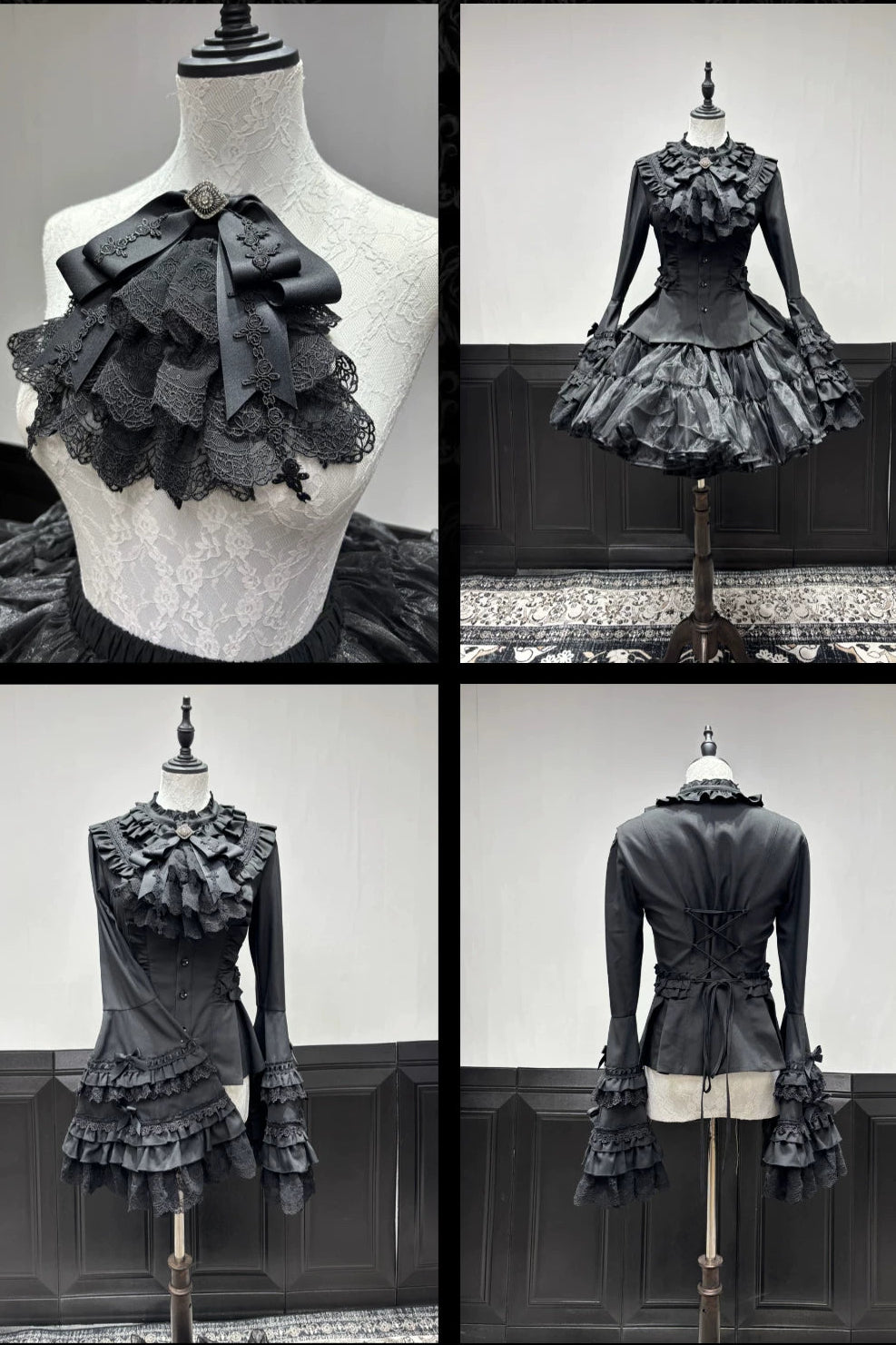 【9月28日予約締切】White/Black Gothic Lolita Lace Frill Bell Sleeve Shirt + Rose Lace Bow Jabot