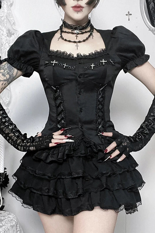 다크 스타일 고딕 퍼프 슬리브 탑