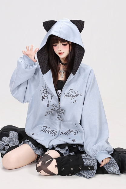Leopard Musical Note Embroidery Hooded Jacket