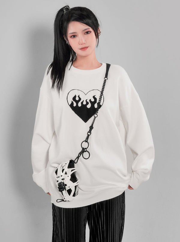 Fire Heart Design Pullover Sweater