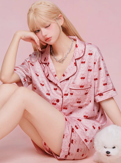 GirlyFancyClub Original Cherry Print Playful Girly Satin Loose Short Sleeve Pajama Pants Set for Women