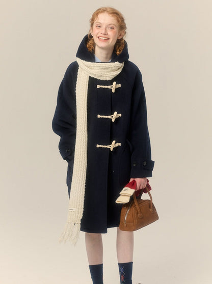 College Style Hooded Mid Length Horn Button Wool Coat