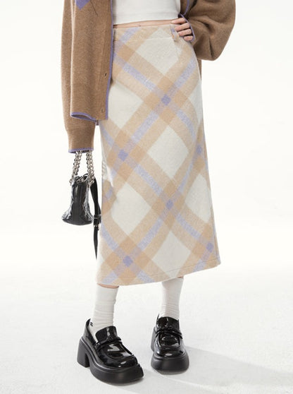 Milk Tea Argyle High Waist Draped Check Skirt