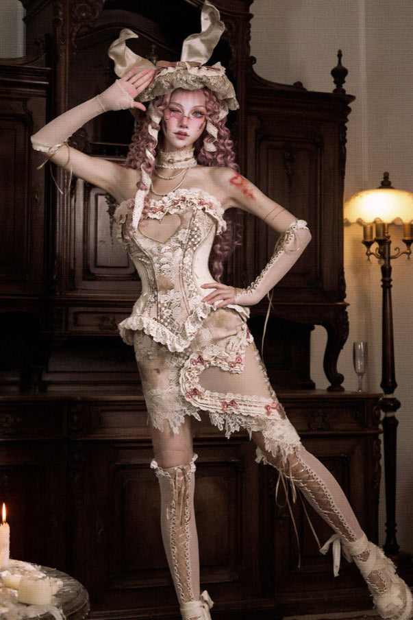 ラブフィッシュボーンコルセットロココフレンチチュニックトリムトップス＋スリーブ＋スリムリボン＋レッグカバー＋チョーカー