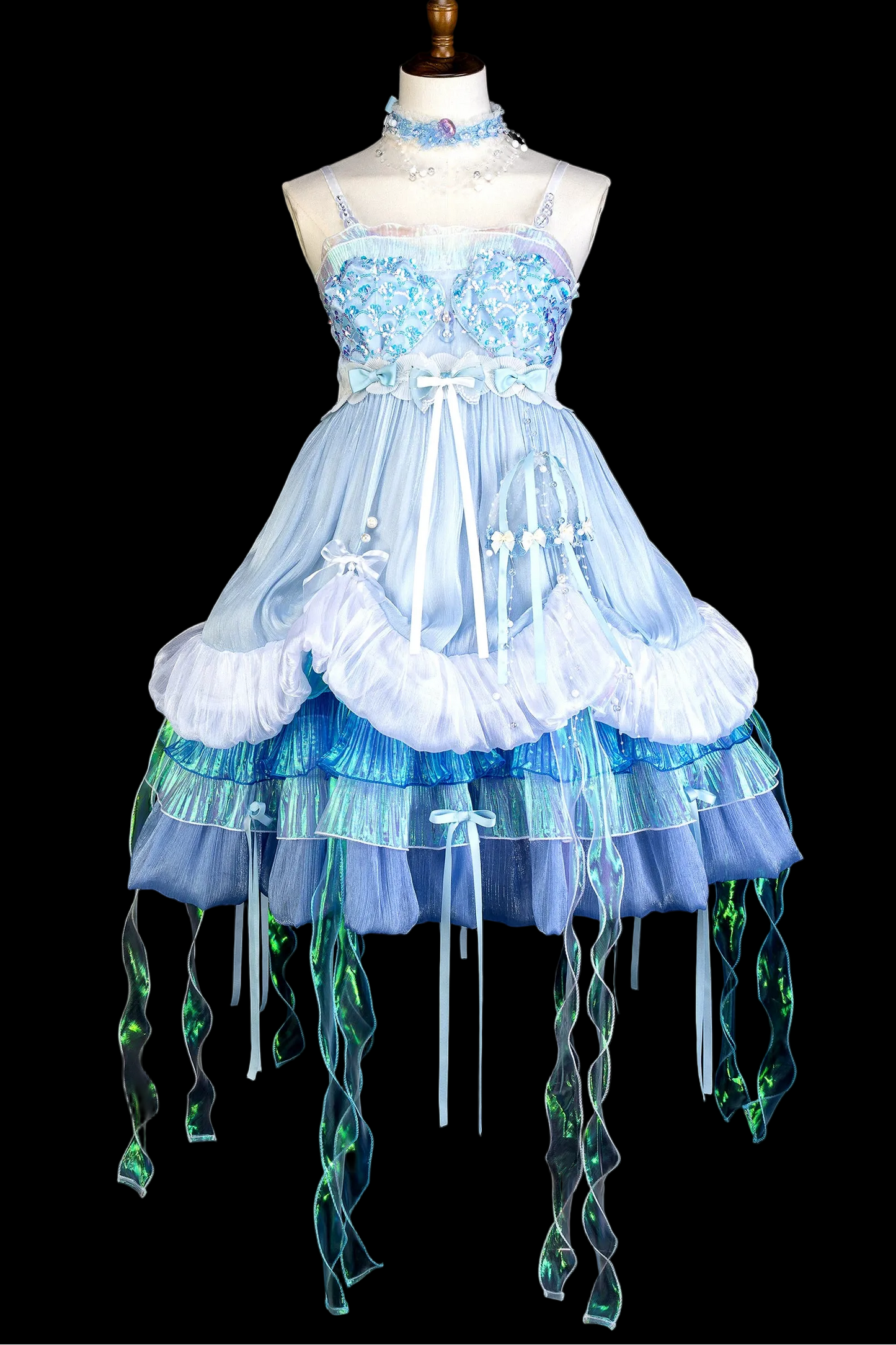 [Date limite de précommande : 1er août] Robe JKS lolita féerique méduse océan blanc x bleu à superpositions avec traîne aurore