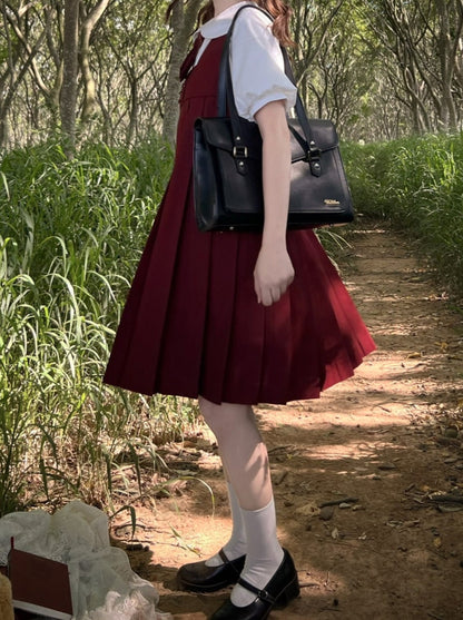 Red burgundy suspender dress + tie + emblem badge