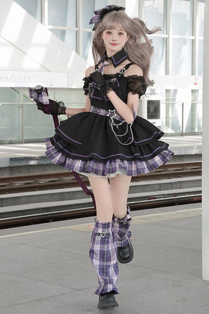 다크 카와이 체크 로리타 원피스 + 레그 워머