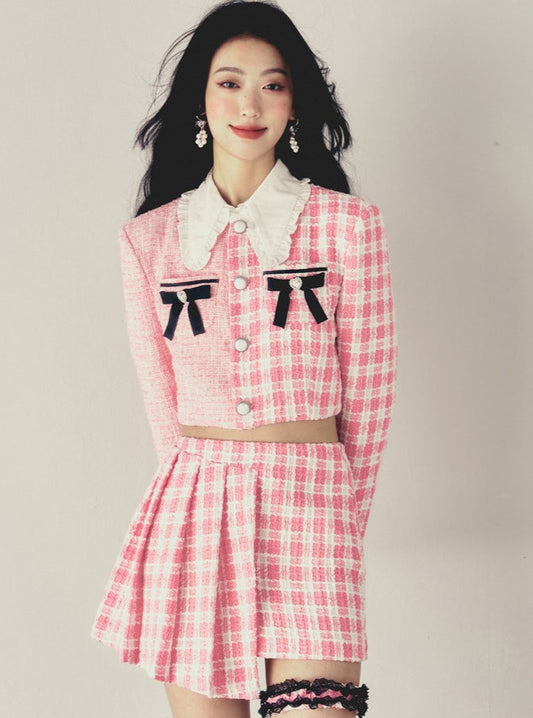 Pink Check Asymmetrical Design Jacket + Tweed Skirt + Lace Garter
