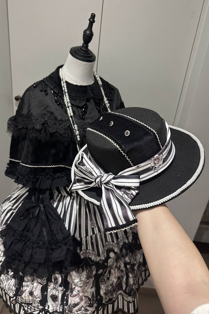 【10月3日予約締切】Black/White Elegant Gothic Series Accessories(Black Butterfly Print Striped Ribbon Hat, Black Rose Ribbon Brooch, Ribbon KC, Hair Clip Pair, Bonnet)